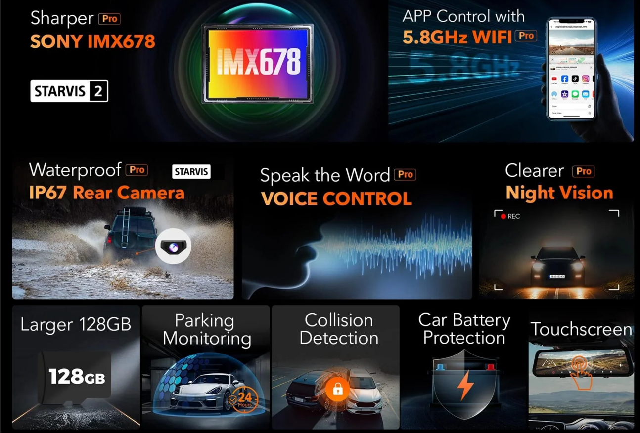 WOLFBOX G900Pro 12MP WiFi Touch Screen Rear View Mirror Dash Cam Smart Mirror