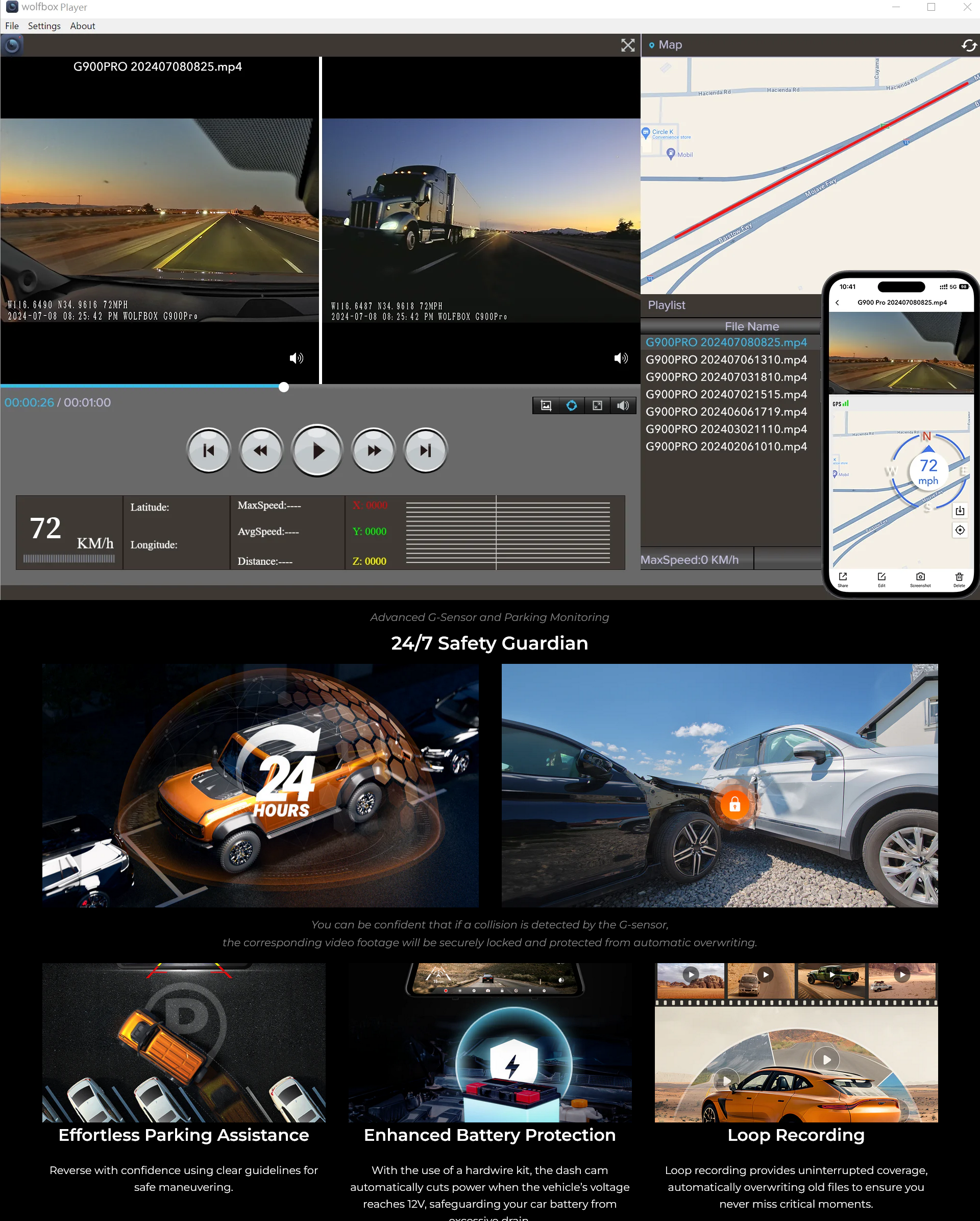 WOLFBOX G900Pro 12MP WiFi Touch Screen Rear View Mirror Dash Cam Smart Mirror