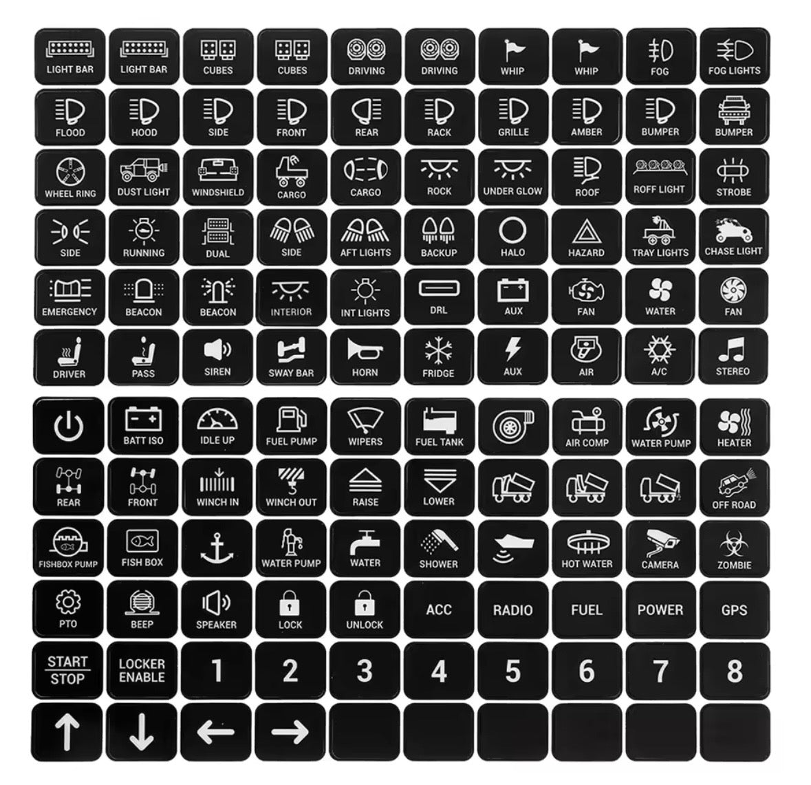 GrenX 4WD Switch Stickers Black Touch Panel Decals for INEOS Grenadier 4x4 Auxiliary Switch Labels