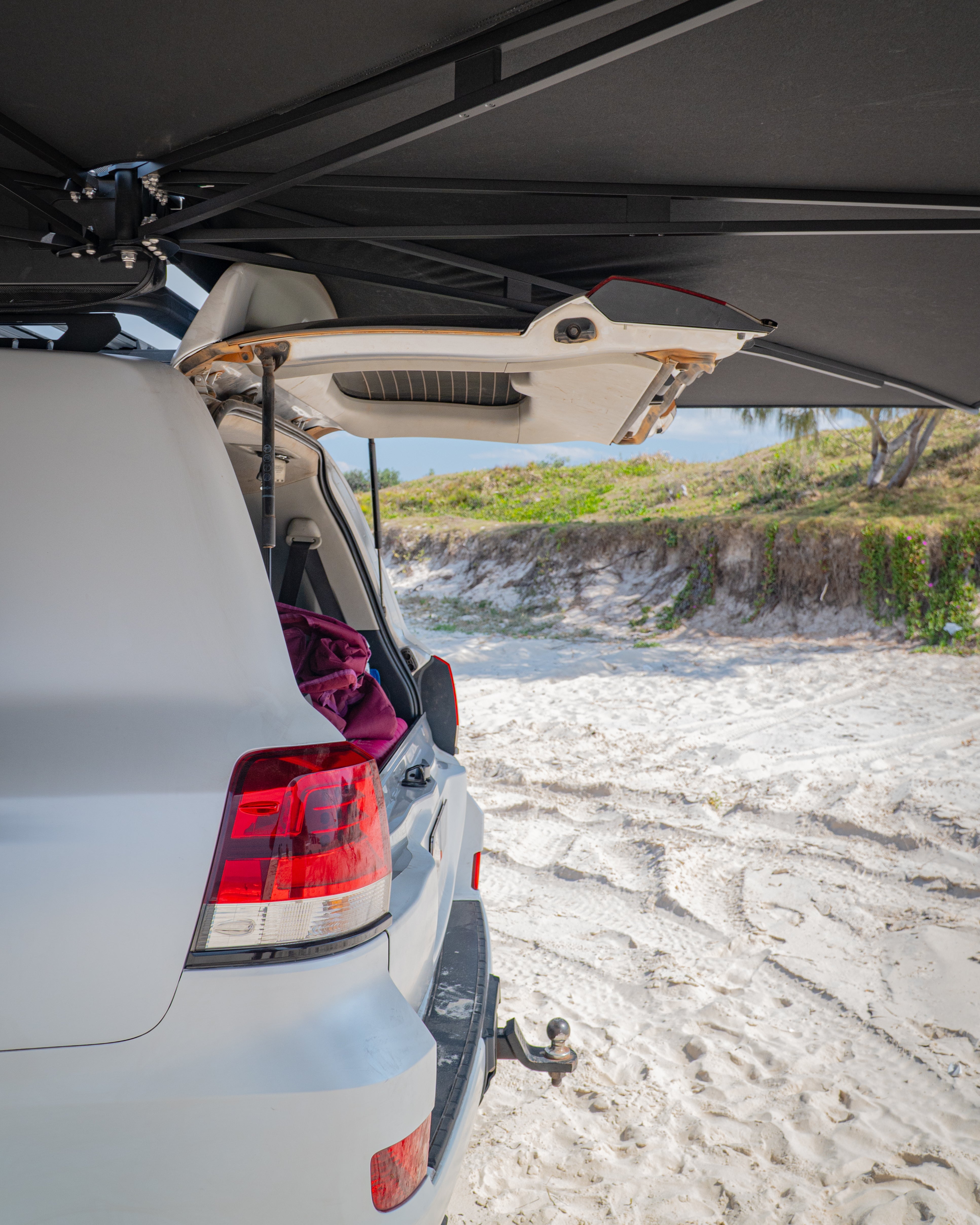 Open tailgate with an awning open